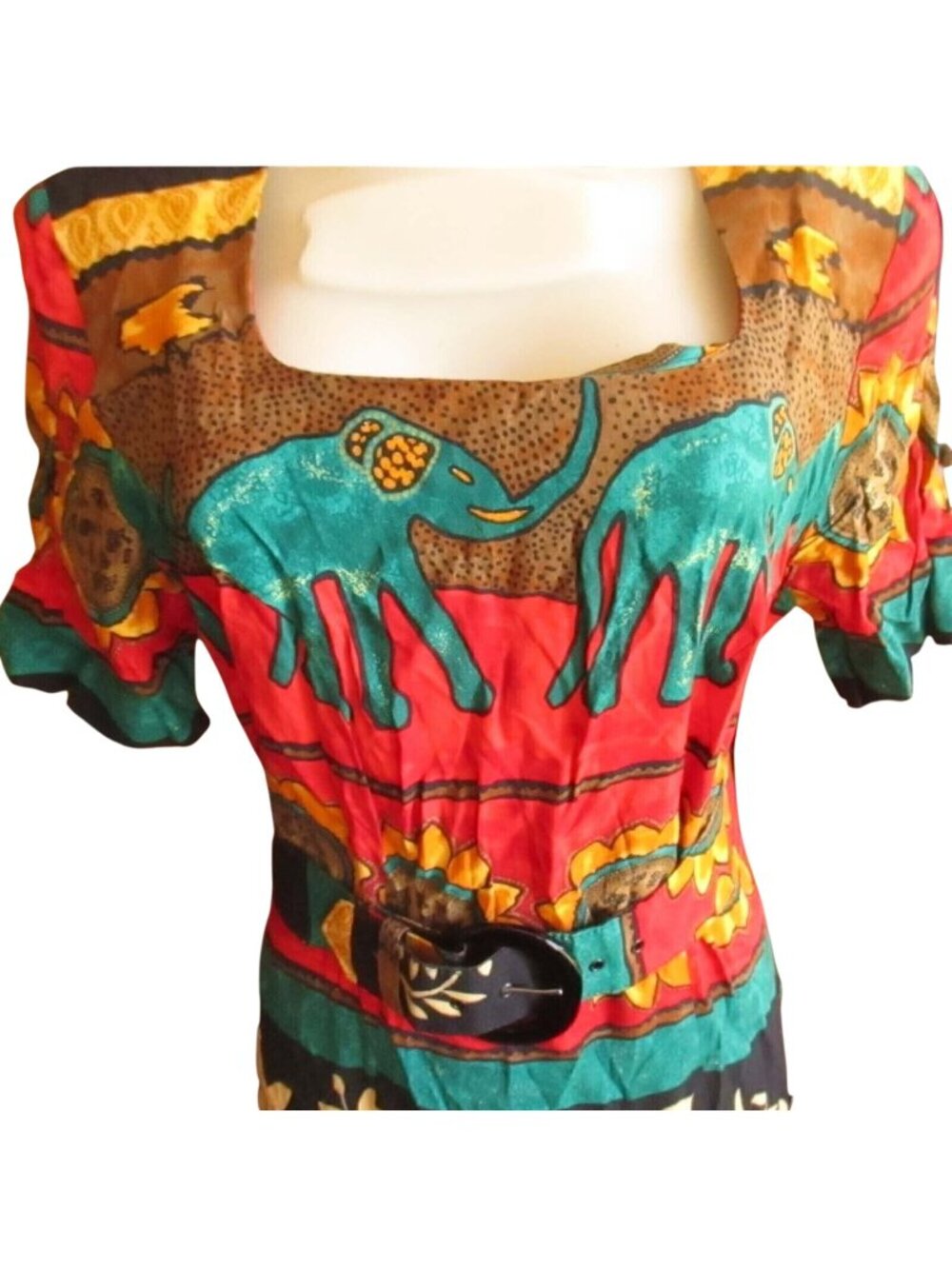 Small Womens Vintage Dress 6 80s 90s Wny Rayon Afro Latin Usa Elephant Print